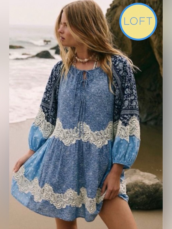 LOFT Dresses & Skirts - LOFT Lace Paisley Tie Mini Dress Boho Western Precious Sapphire SMALL pockets!
